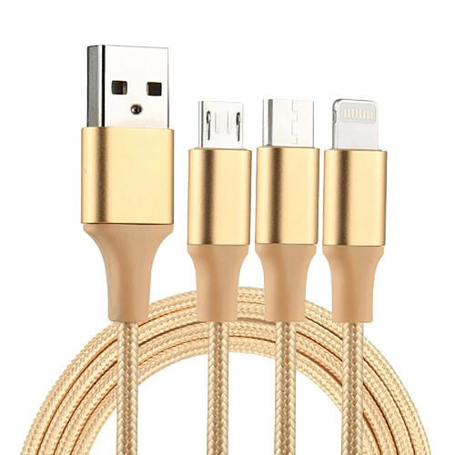 Wewoo Câble or pour iPhone / iPad / Galaxy / Huawei / Xiaomi / LG / HTC / Meizu et autres smartphone 2A 1.2m 3 en 1 USB à Lightning USB-C / Type-C Micro USB de chargement en Nylon Weave,