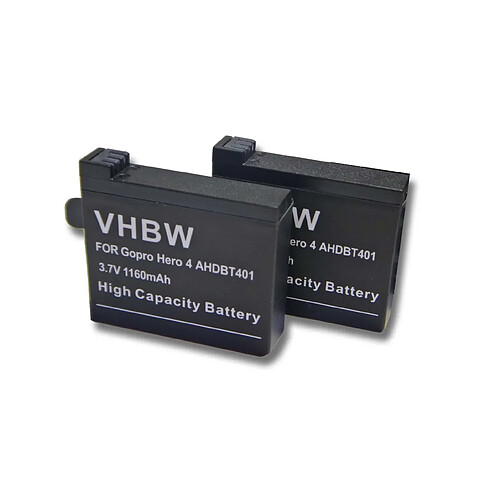 2 batteries vhbw Li-Ion 1160mAh (3.8V) pour GoPro Hero 4 Black Silver Surf Music Edition comme AHDBT-401, 335-06532-000.