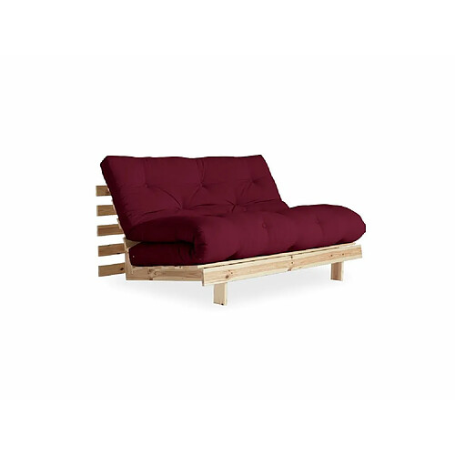 Inside 75 Canapé convertible futon ROOTS pin naturel coloris bordeaux couchage 140x200 cm.