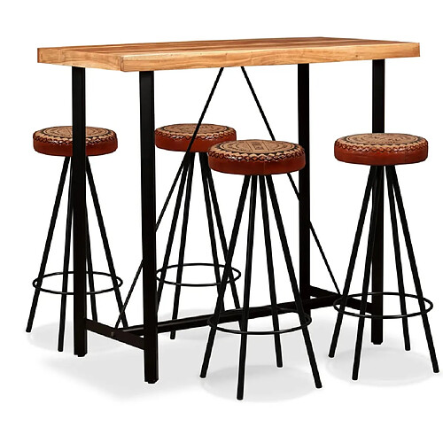 vidaXL Ensemble de bar 5 pcs Bois d'acacia Cuir véritable et toile