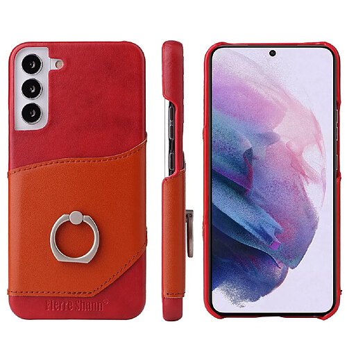 Coque en TPU + cuir véritable FIERRE SHANN avec béquille en anneau et porte-carte rouge pour votre Samsung Galaxy S22 Plus 5G