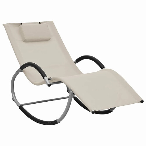 Helloshop26 Transat chaise longue bain de soleil lit de jardin terrasse meuble d'extérieur avec oreiller crème textilène 02_0012556