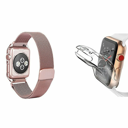 PHONECARE Kit Bracelet Milanese Loop Fermoir Magnétique + Coque 360° Impact Protection pour Apple Watch Series 9 Aluminum - 41mm - Rose