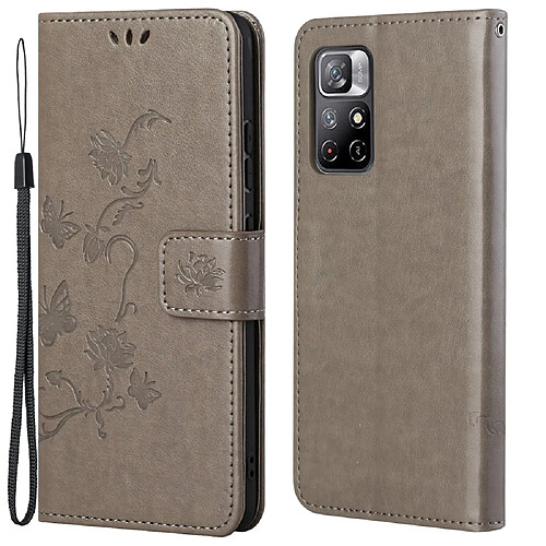 Etui en PU papillons et motif fleurs avec support gris pour votre Xiaomi Redmi Note 11/Poco M4 Pro 5G