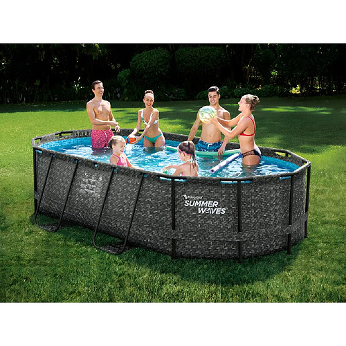 Vente-Unique Piscine tubulaire ovale effet chevrons gris foncé avec pompe filtrante à cartouche - L424 x P250 x H100 cm - SALAMANQUE