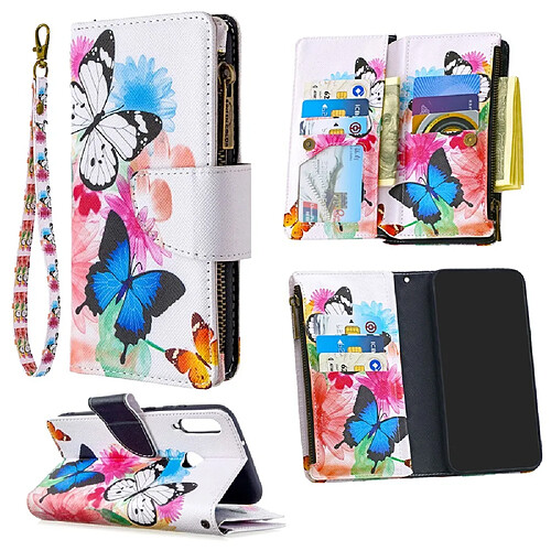 Etui en PU fermeture à glissière d'impression de modèle avec support papillon et fleur pour votre Huawei Y7p/P40 lite E