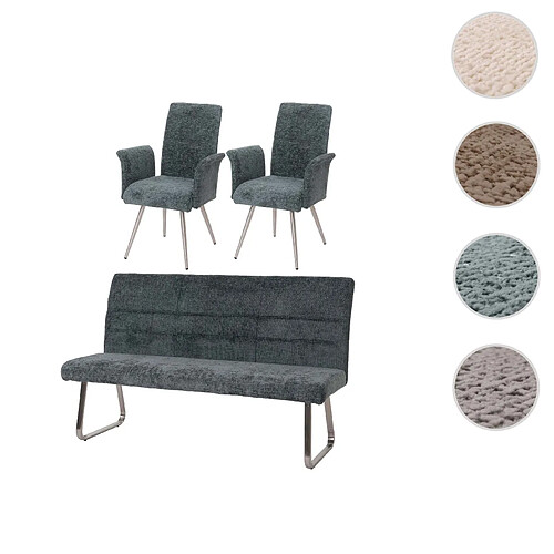 Mendler Set de salle à manger HWC-G55, set de 2 chaises avec accoudoirs+banc 180cm, inox brossé tissu/textile chenille ~ bleu-vert