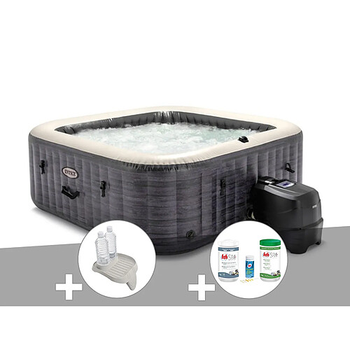 Kit spa gonflable Intex PureSpa Ardoise carré Bulles 4 places + Porte/verre + Kit traitement brome