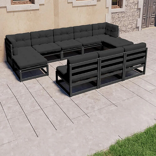 vidaXL Salon de jardin 8 pcs avec coussins Noir Bois de pin massif