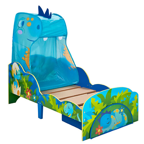 Pegane Lit dinosaure enfant avec ciel de lit et tiroir de rangement - Dim : H.138 x L.77 x P142 cm