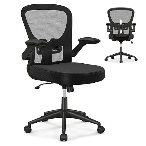 Helloshop26 Chaise de bureau ergonomique chaise pivotante avec accoudoirs escamotables soutien lombaire réglable et dossier basculant de 90° à 120° noir 20_0008075