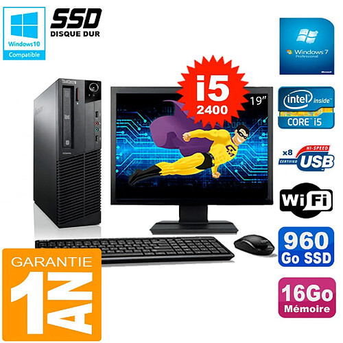 PC Lenovo M92p SFF Ecran 19" Core I5-2400 16Go Disque 960Go SSD Wifi W7 · Occasion