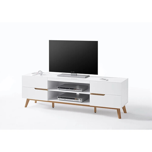 Pegane Meuble TV en laqué blanc mat avec piètement en chêne - L169 x H56 x P40 cm