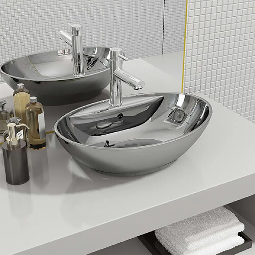 vidaXL Lavabo avec trop-plein 58,5 x 39 x 21 cm Céramique Argenté