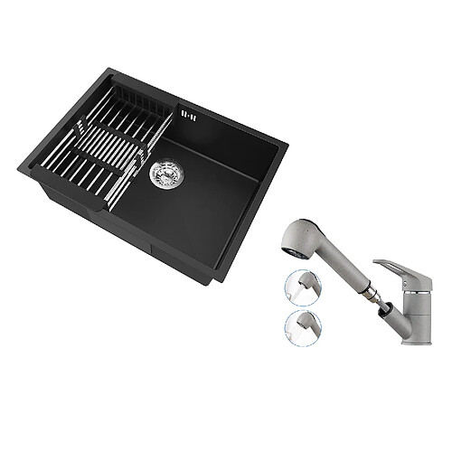 Auralum Max Évier Cuisine 1 Bac 60*44*20CM,inox 304,à Encastrer avec Panier Drainage,Noir+Robinet Cuisine avec Douchette Extractible 2 Jets,Gris