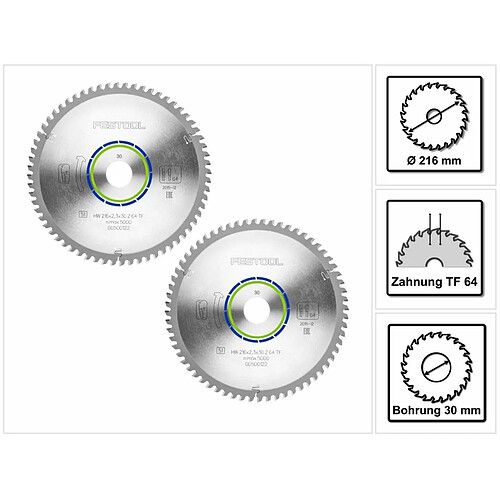 Festool ALUMINIUM/PLASTICS TF64 Lame de scie circulaire, HW 216 x 30 x 2,3 mm, TF64 216 mm, 64 dents, 2 pcs. (2x 500122)