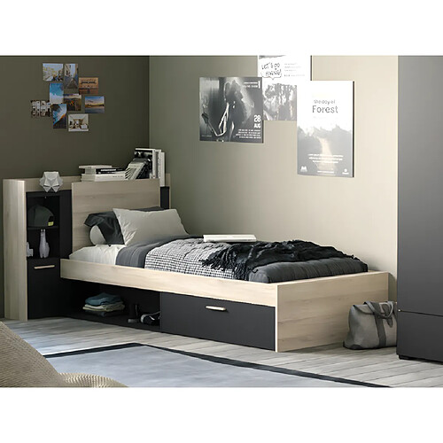 Vente-Unique Lit modulable 90 x 190/200 cm avec rangements - Noir et naturel + Sommier + Matelas - MARTELO