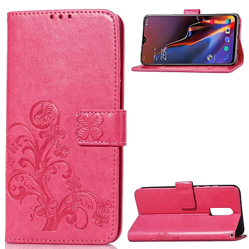 Wewoo Coque Étui en cuir à motif de fleurs pressées Lucky Clover pour OnePlus 6T, avec support et logements pour cartes, portefeuille dragonne (Magenta)