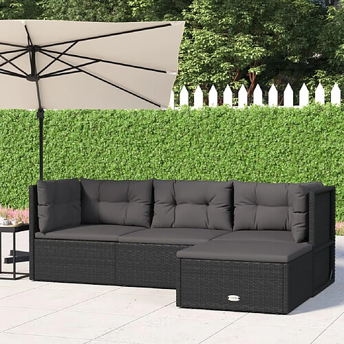 vidaXL Salon de jardin 4 pcs avec coussins Noir Résine tressée