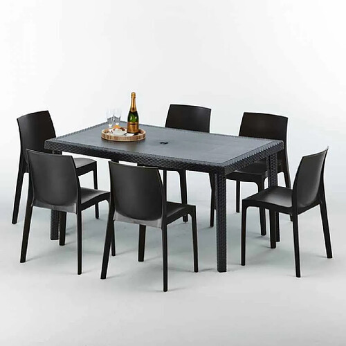 Grand Soleil Table rectangulaire et 6 chaises Poly rotin colorées 150x90cm noir Enjoy, Chaises Modèle: Rome Anthracite noir