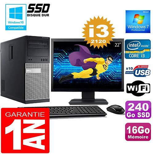 PC Tour DELL 7010 Core I3-2120 Ram 16Go Disque 240 Go SSD Wifi W7 Ecran 22" · Occasion