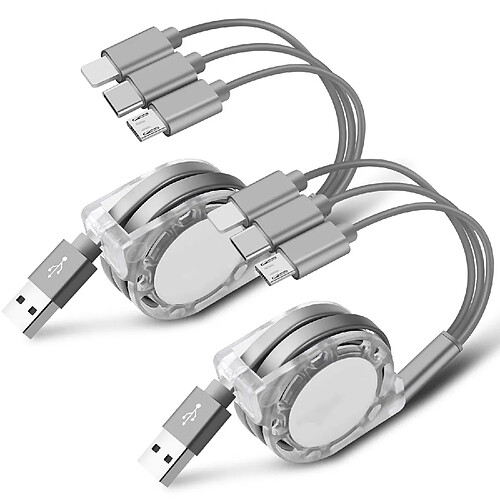 Lot de 2 câbles de chargeur multi USB rétractables 3 en 1 adaptateur de cordon de charge multiple avec connecteurs de port micro USB mini type C compatibles avec les téléphones portables, tablettes, utilisation universelle.