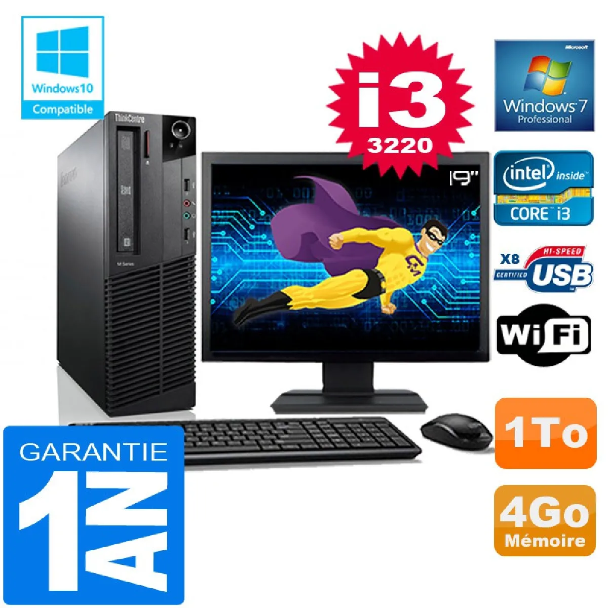 PC Lenovo M92p SFF Core I3-3220 Ram 4Go Disque 1 To Wifi W7 Ecran 19" · Occasion