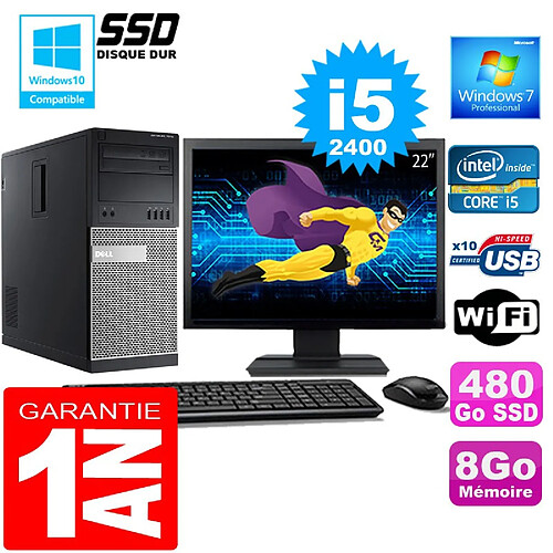 PC Tour DELL 7010 Core I5-2400 Ram 8Go Disque 480 Go SSD Wifi W7 Ecran 22" · Occasion