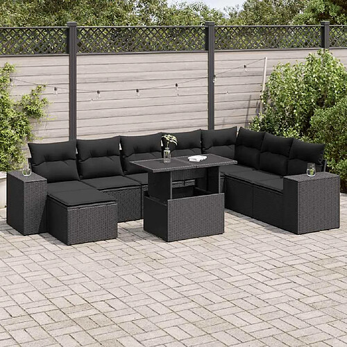 vidaXL Salon de jardin 9 pcs avec coussins noir résine tressée