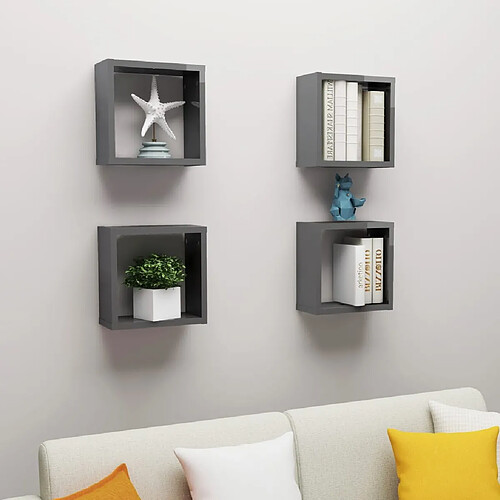 vidaXL Étagères cube murales 4 pcs gris brillant 30x15x30 cm