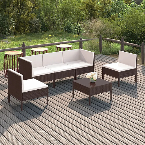 vidaXL Salon de jardin 6 pcs avec coussins Résine tressée Marron