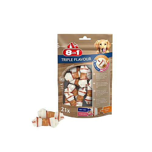 8in1 Triple Flavour Os a mâcher Premium XS aux Boeuf, Porc, Poulet - Pour chien de petite taille - 10 pieces