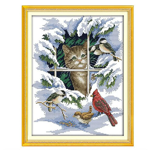 14CT 11CT chat et oiseau estampillé kit de point de croix bricolage couture 11CT 39 × 47cm