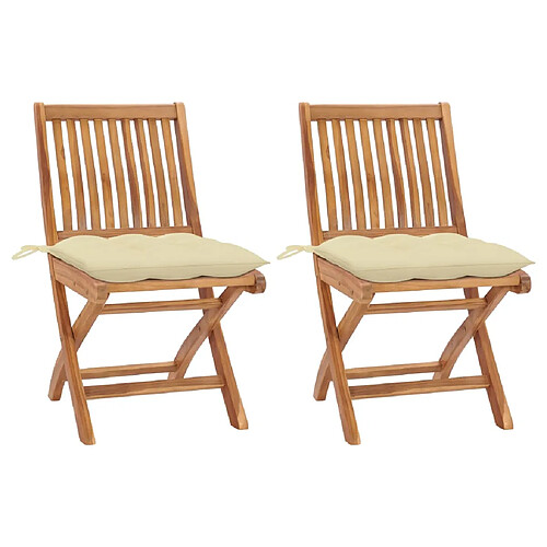 vidaXL Chaises de jardin lot de 2 et coussins blanc crème Teck massif