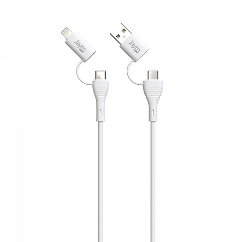 JAYM - Câble Quadriplug 4 en 1 USB-C / USB-A vers USB-C et Lightning - 1 mètre - Collection POP - Blanc