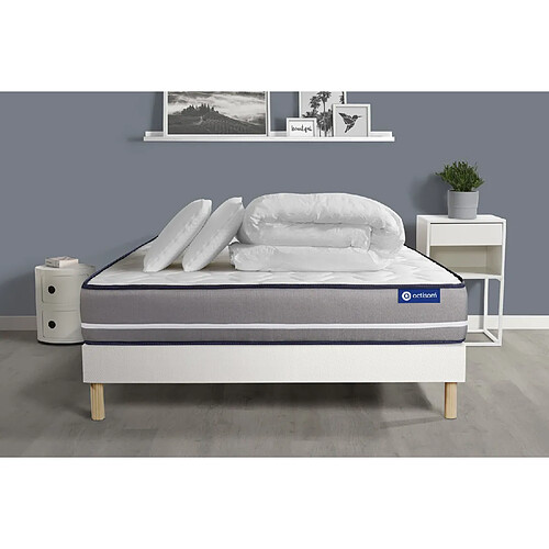 ACTISOM Pack prêt à dormir matelas Ressorts ensachés ACTIFLEX PUR 140x200 3zones de confort + sommier KIT blanc + 2 oreillers+couette