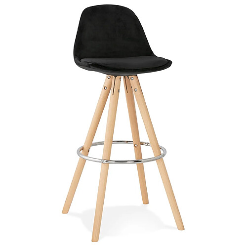 Alterego Tabouret de bar 'SPIRIT' en velours noir et pieds en bois naturel