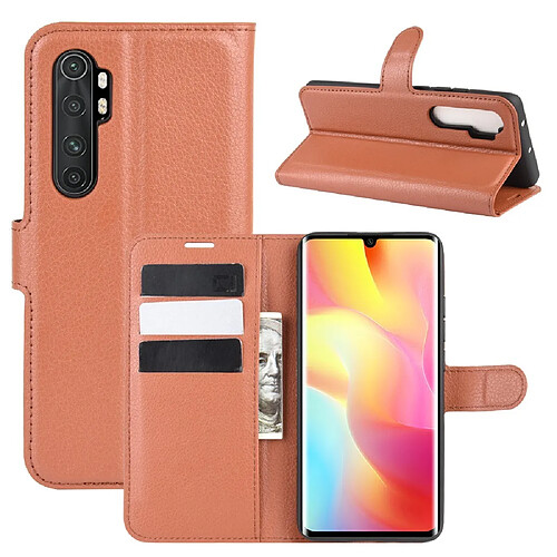 Etui en PU peau de litchi magnétique avec support marron pour votre Xiaomi Mi Note 10 Lite