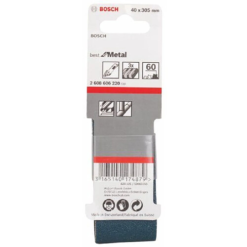 Bosch 2608606220 Ruban abrasif pour ponceuse à ruban 40 x 305 mm Grain 60 3 pièces