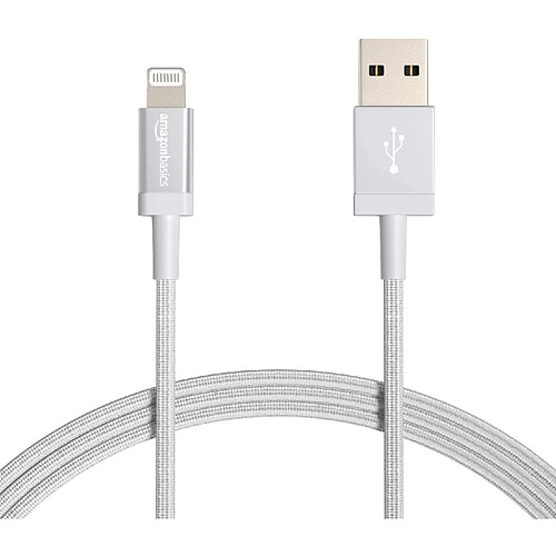 Basics Câble USB A vers Lightning en nylon tressé Chargeur certifié MFi pour iPhone Argenté 1,82 m