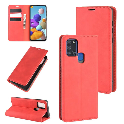 Etui en PU flip auto-absorbant au toucher soyeux avec support rouge pour votre Samsung Galaxy A21s