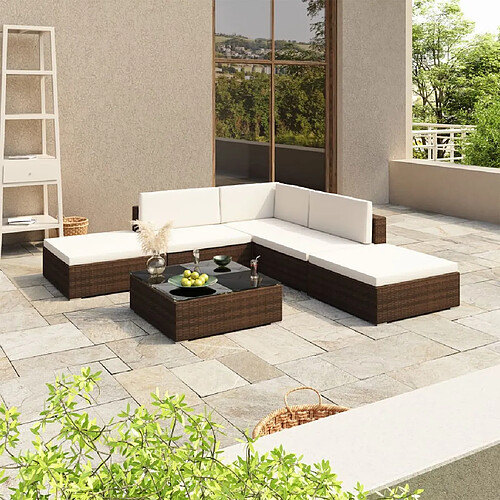 vidaXL Salon de jardin 6 pcs avec coussins Résine tressée Marron