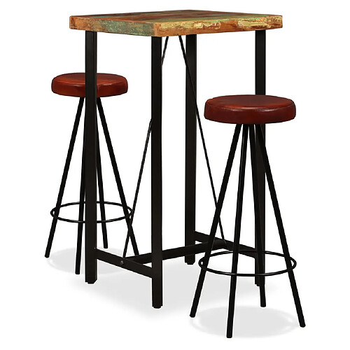 vidaXL Ensemble de bar 3 pcs Bois massif recyclé et cuir véritable