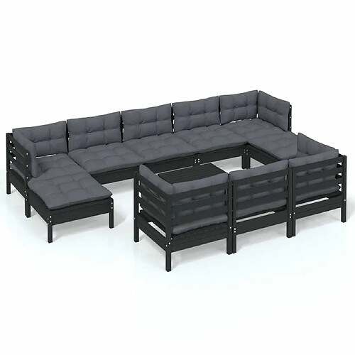 Maison Chic Salon de jardin 11pcs + coussins - Mobilier/Meubles de jardin - Table et chaises d'extérieur Noir Bois de pin solide -MN44751