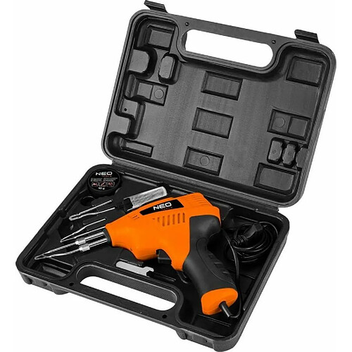 NEO TOOLS Fer à souder transformateur 200W avec contrôle de température, prise VDE, chauffage rapide, 230V 50HZ, mallette de transport, 2 pointes, pâte à souder, étain à souder, clé