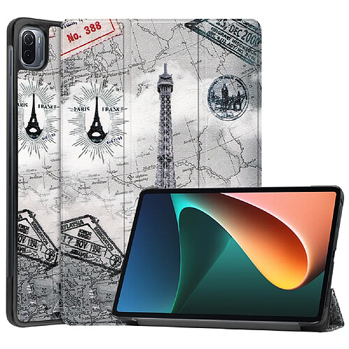 Etui en PU trois volets avec support et fonction veille/réveil automatique tour eiffel et carte pour votre Xiaomi Pad 5