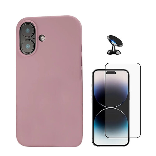 Kit De Film En Verre Trempé À Couverture Complète 5D + Couvercle En Silicone Liquide + Support Magnétique Phonecare Compatible avec Apple iPhone 16 - Rose