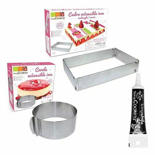 Scrapcooking 2 cadres pâtisserie extensibles cercle & rectangle + Stylo glaçage noir