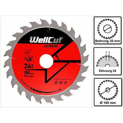 WellCut WC-C1903024 TCT Lame de scie 190 x 2,4 x 30 mm, 24 dents