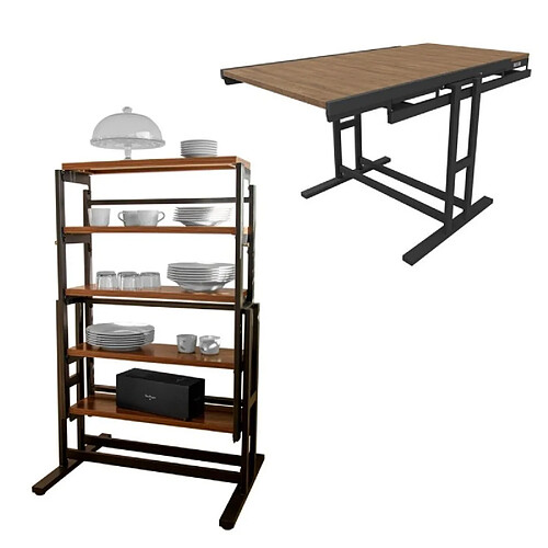 Blumie Table modulable (L120 x l78 x H77,5 cm) convertible en Etagère - style industriel